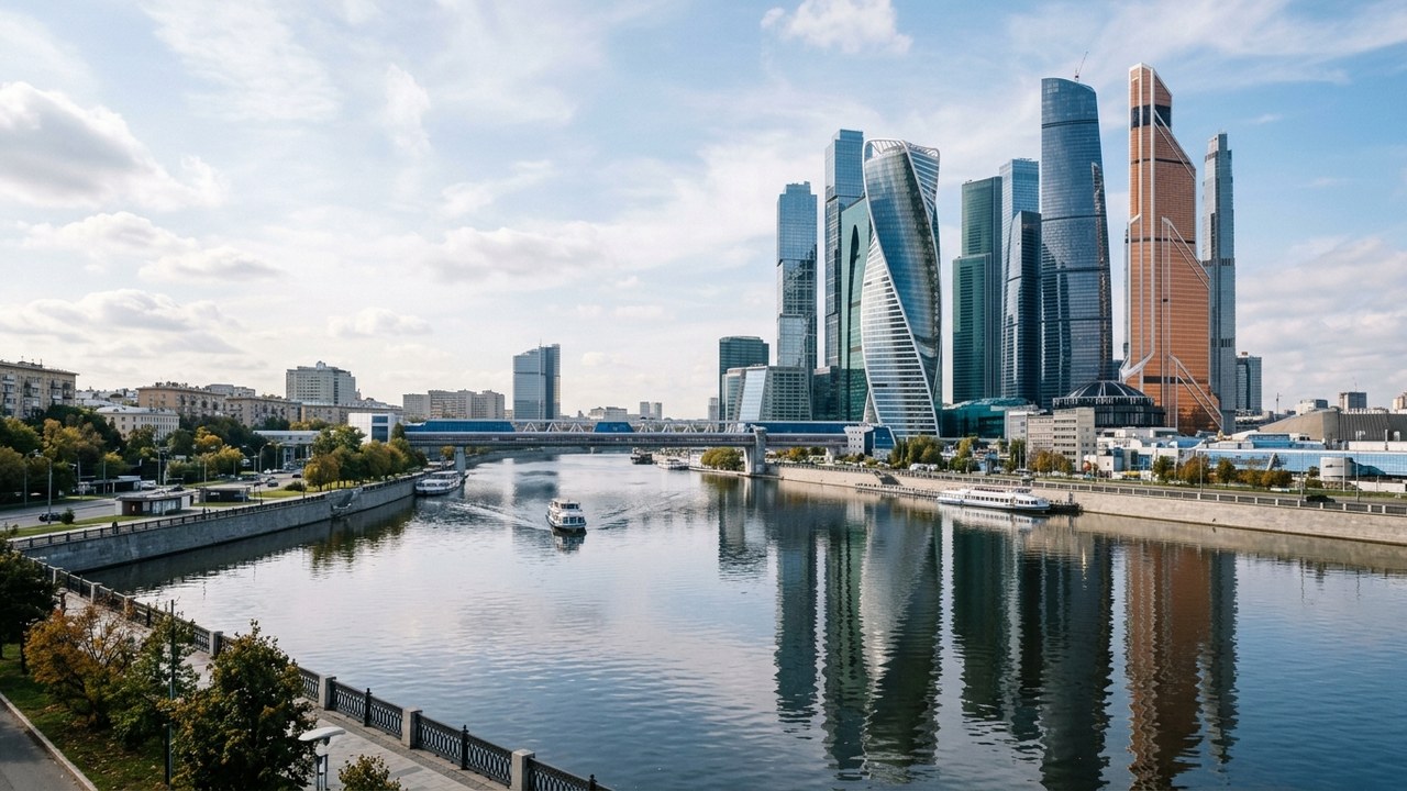 AI-generated photorealistic context: A wide skyline view of the modern Moscow City business district beside the Moskva River